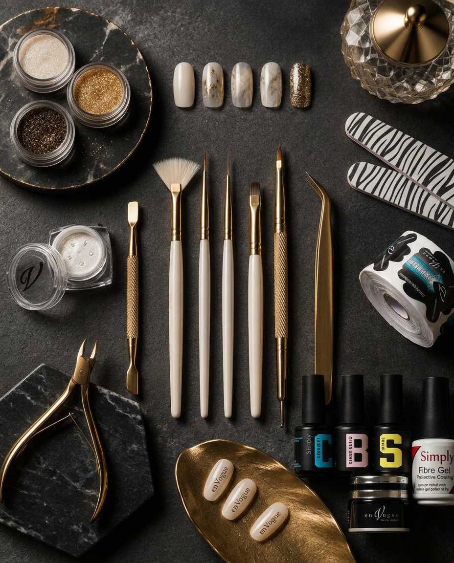 Herramientas y productos Nail Art reales de enVogue en una composición editorial oscura